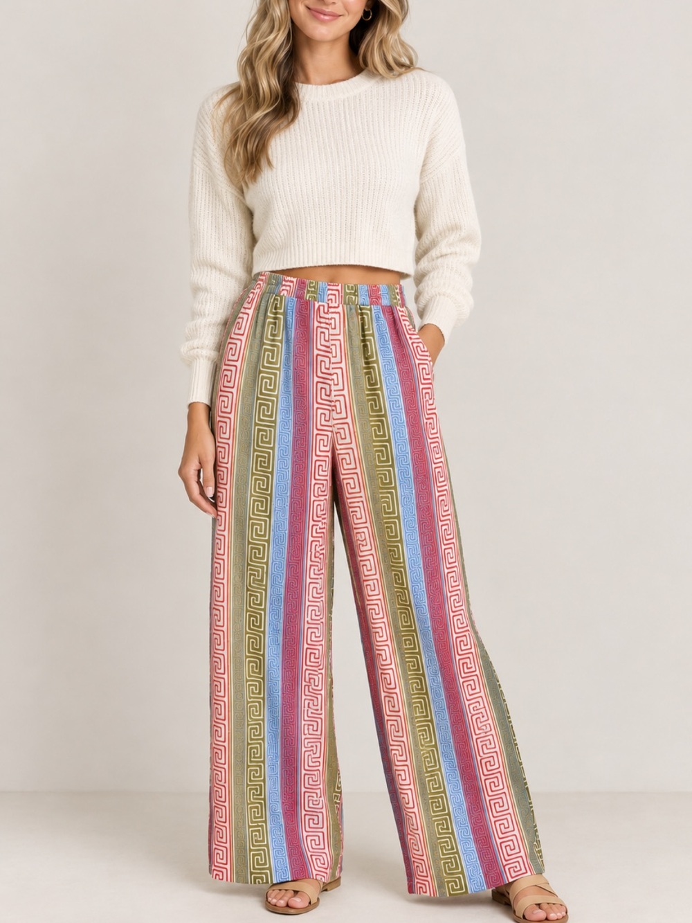 NWT VRG GRL Wide-Leg Pull On Geometric Artsy Pants, size 6, Coastal Bohemian